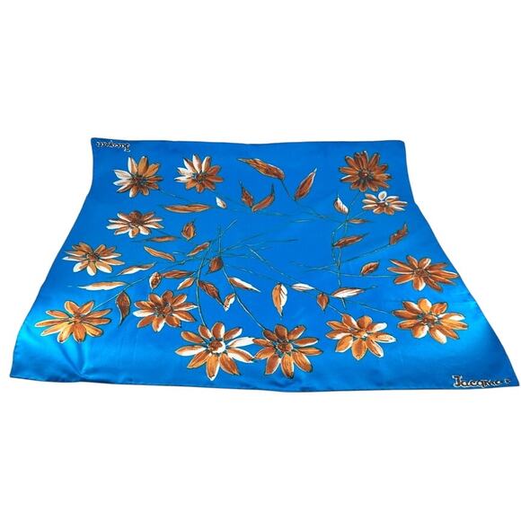 Vintage Jacqmar Floral Scarf Blue Brown Daisy Print Square 29x29 Polyester - Picture 2 of 10